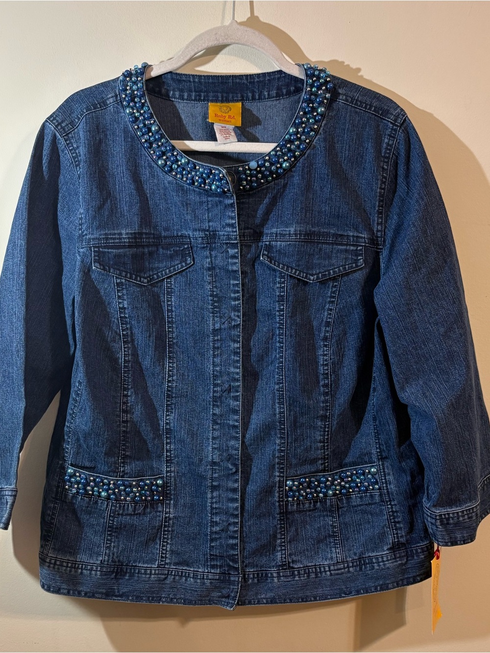 Ruby Rd denim jacket women’s 16W blue silver pearl beaded embellishments NWT